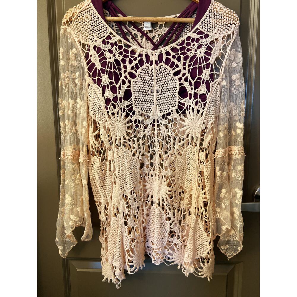 Boho Coastal Cowgirl Crochet Lace Long Sleeve Pullover - Picture 3 of 6